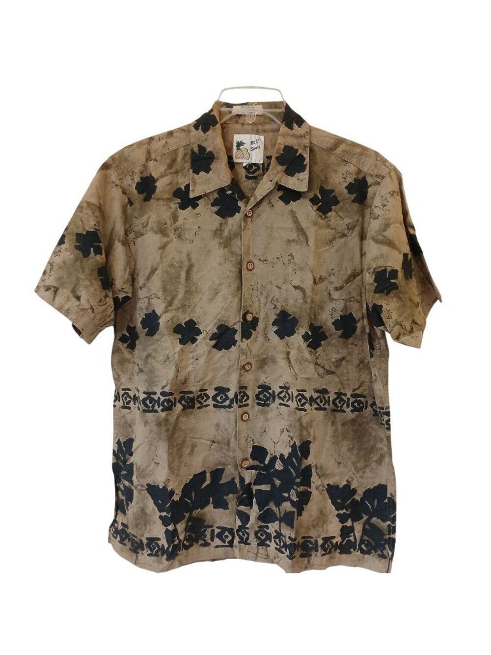 M.E Sport Mens Medium Hawaiian Shirt Vintage Brown Tan Short Sleeve Camp #D-18